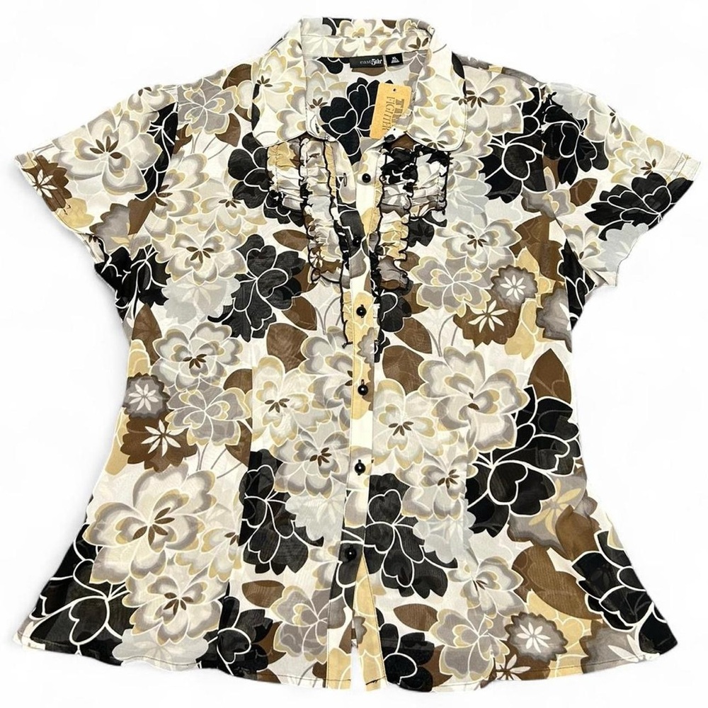 Y2K brown and white floral button up short sleeve blouse with ruffle chest